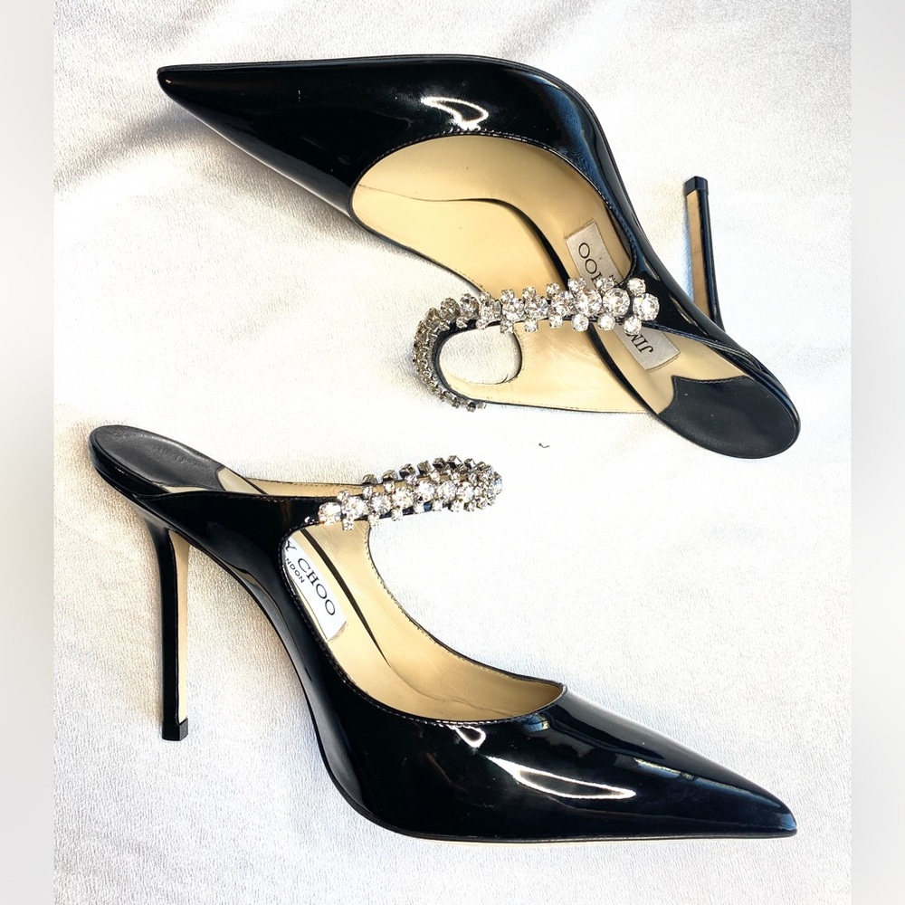 SOLD Jimmy Choo Bing 100 Crystal Embellished Black Patent Mule - Picture 13 of 16